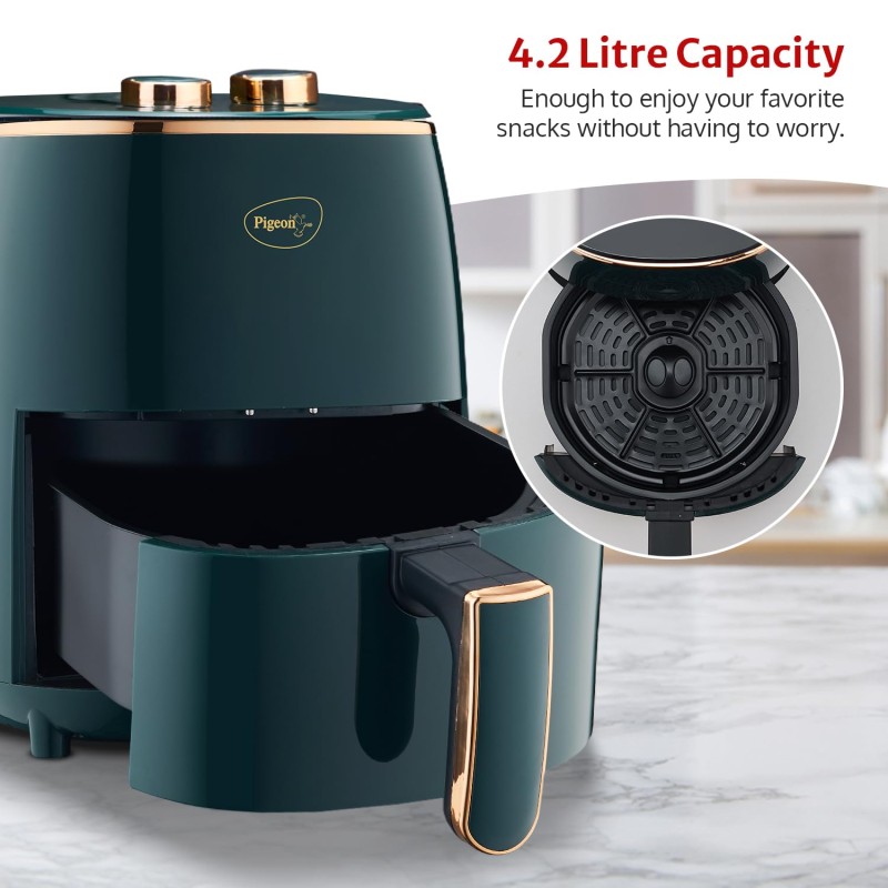 Pigeon Healthifry Manual Air Fryer, 360° High Speed Air Circulation Technology 1200 W With Non-Stick 4.2 liter Basket- Green