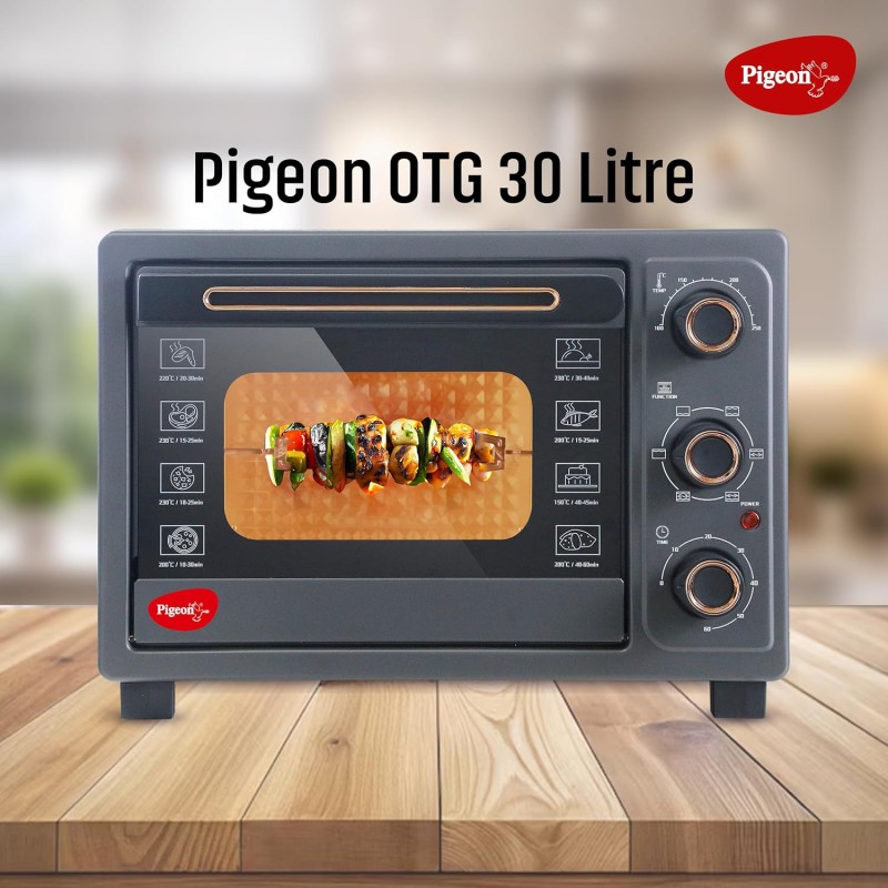 Pigeon Oven Toaster Grill 30 Liters OTG with Rotisserie, Oven Toaster and Grill for Grilling and Baking Cakes (Grey)