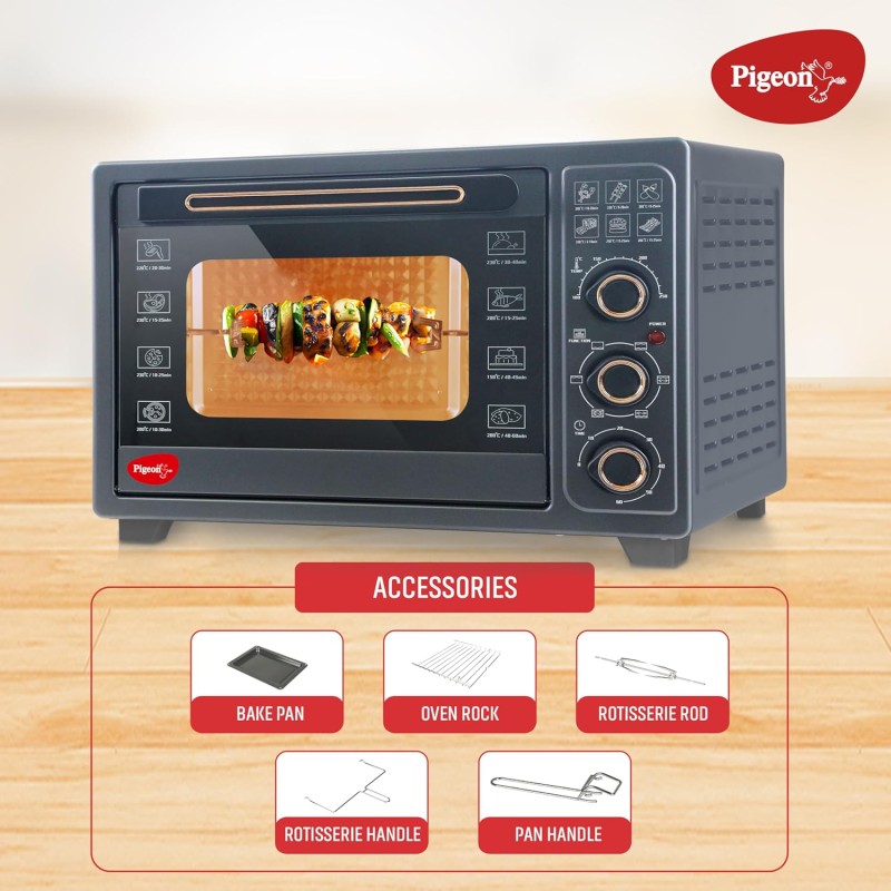 Pigeon Oven Toaster Grill 40 Liters OTG with Rotisserie, Oven Toaster and Grill for Grilling and Baking Cakes (Grey)