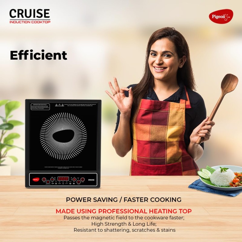 Pigeon by Stovekraft Cruise 1800 watt Induction Cooktop With Crystal Glass,7 Segments LED Display, Auto Switch Off - Black
