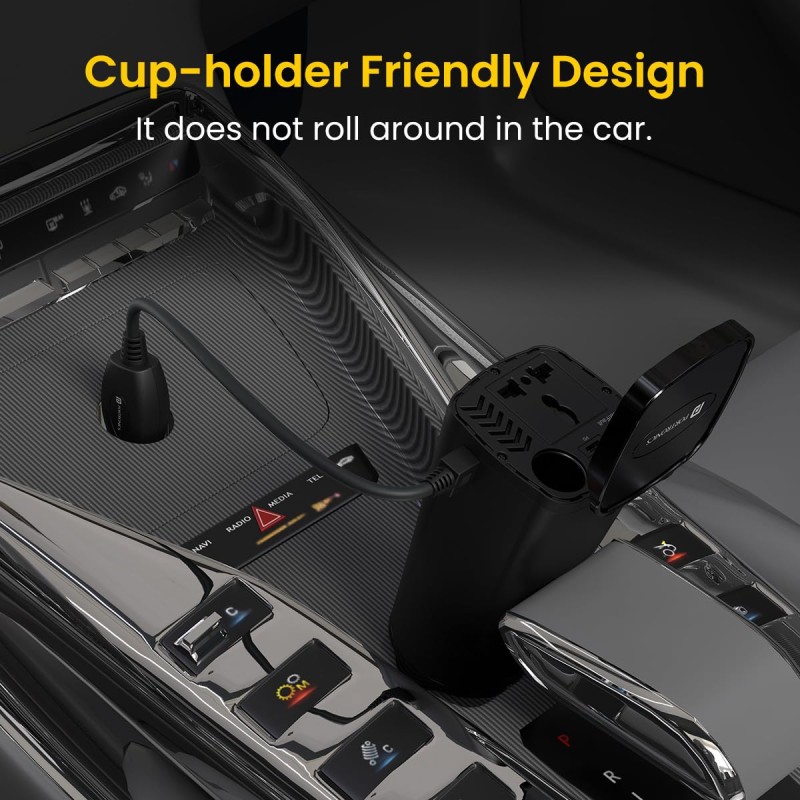 Portronics 200W Car Power One with 30W Type-C PD,12V Car Plug Power Cord,18W USB Port, AC Socket, Cigarette Lighter Slot, LED Indicator, Power Button, and Cooling Fan – Compact and Durable(Black)