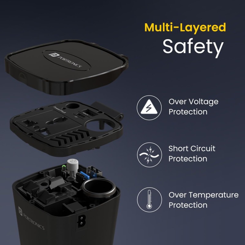 Portronics 200W Car Power One with 30W Type-C PD,12V Car Plug Power Cord,18W USB Port, AC Socket, Cigarette Lighter Slot, LED Indicator, Power Button, and Cooling Fan – Compact and Durable(Black)