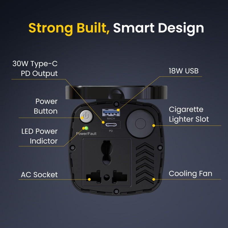 Portronics 200W Car Power One with 30W Type-C PD,12V Car Plug Power Cord,18W USB Port, AC Socket, Cigarette Lighter Slot, LED Indicator, Power Button, and Cooling Fan – Compact and Durable(Black)