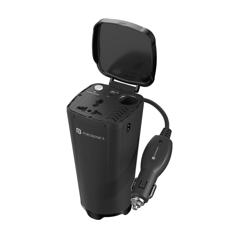 Portronics 200W Car Power One with 30W Type-C PD,12V Car Plug Power Cord,18W USB Port, AC Socket, Cigarette Lighter Slot, LED Indicator, Power Button, and Cooling Fan – Compact and Durable(Black)