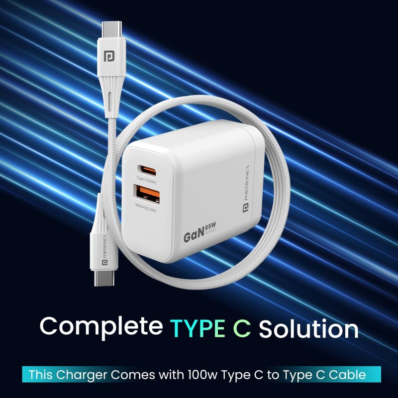 Portronics Adapto 65X 65 W Dual Ports Outputs GaN Fast PD Charger Comes with 100 W Type C to Type C Fast Charging (White)