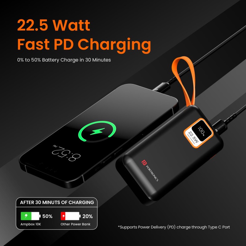 Portronics Ampbox 10K 10000 mAh Nano Power Bank with 22.5W Fast Charging (Black)