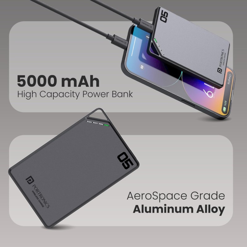 Portronics Boosty 5k 5000mAh 15W Wireless Magnetic Fast Charging Nano Powerbank, Metallic Finish, 20W Type C PD Output.