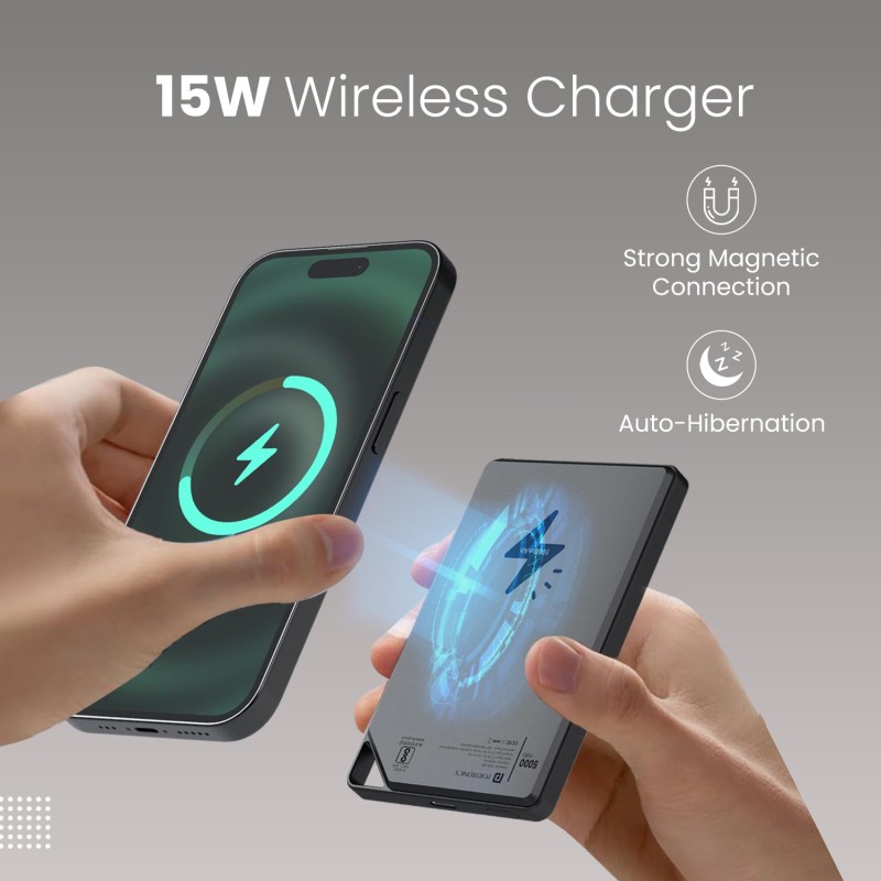 Portronics Boosty 5k 5000mAh 15W Wireless Magnetic Fast Charging Nano Powerbank, Metallic Finish, 20W Type C PD Output.