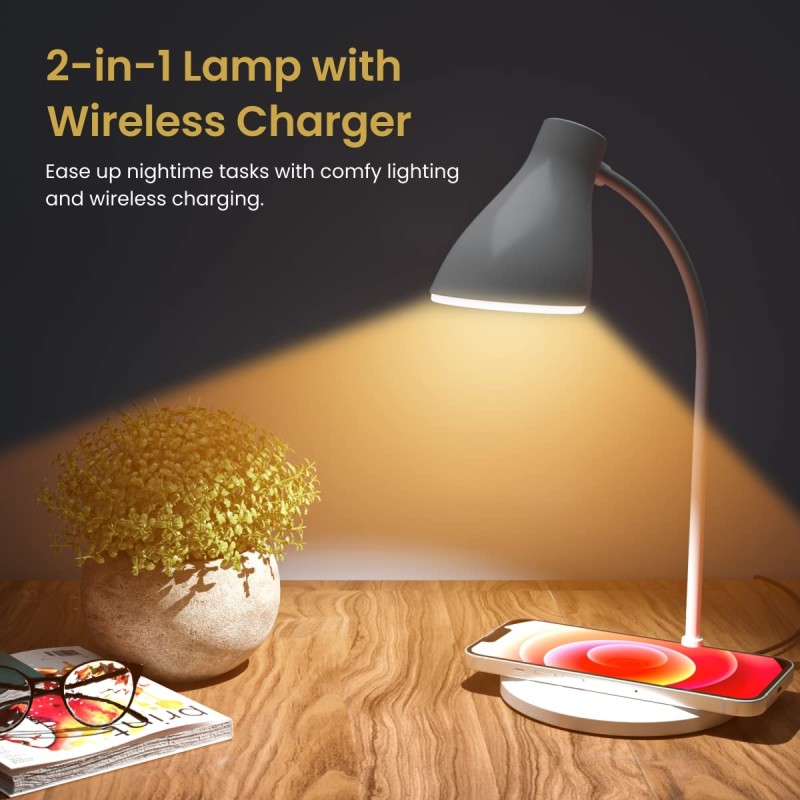 Portronics Brillo 3 Portable Lamp with Wireless Charger with 10W Output, 360° Flexible Neck, Touch Control, Dual Lamp Shades (White)