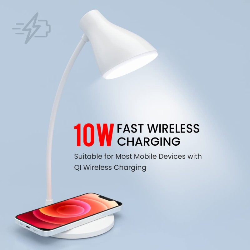 Portronics Brillo 3 Portable Lamp with Wireless Charger with 10W Output, 360° Flexible Neck, Touch Control, Dual Lamp Shades (White)