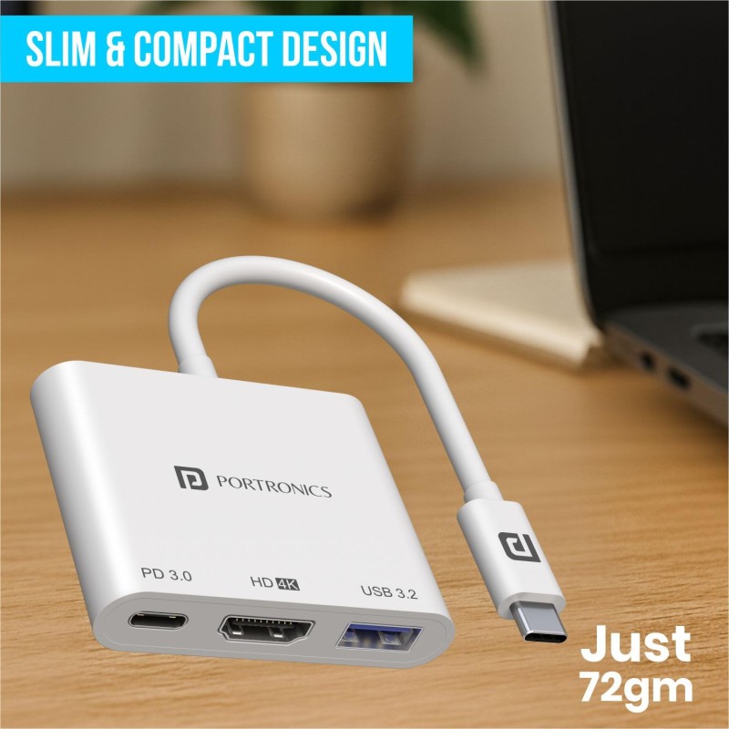 Portronics C-Konnect Type C to HDMI Adapter (3-in-1), Multiport USB C Hub with 4K@30Hz (White)