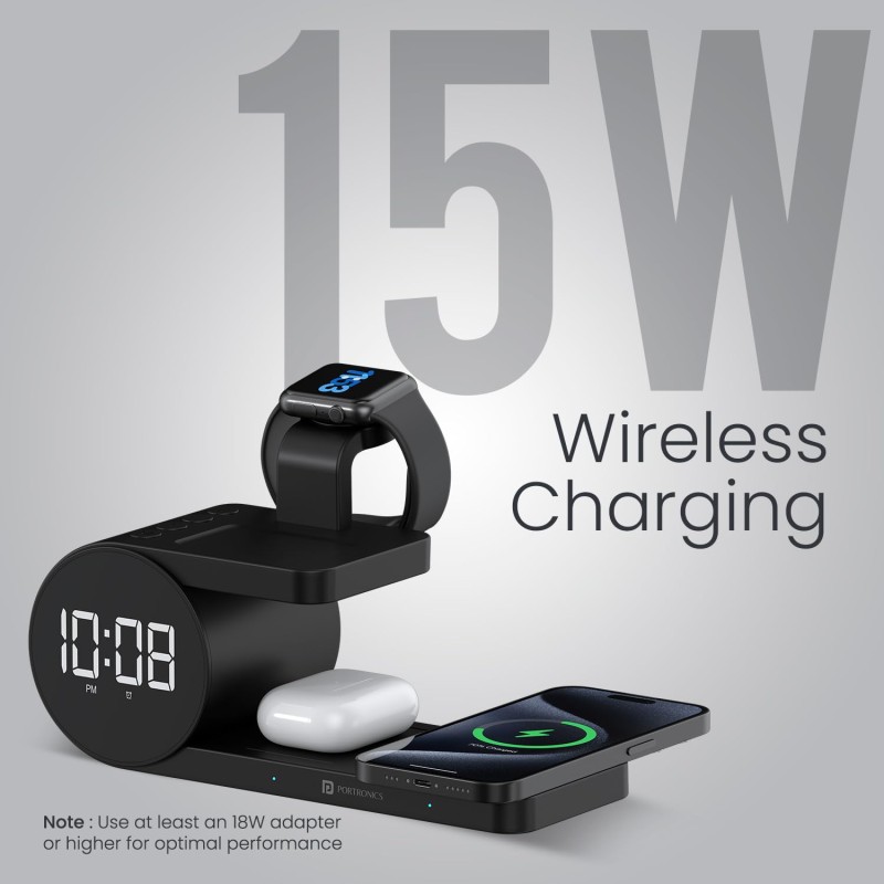 Portronics Freedom 6 15W Wireless Charger with 6-in-1 Function, Earbuds & Watch Wireless Charging, Digital Clock with Alarm