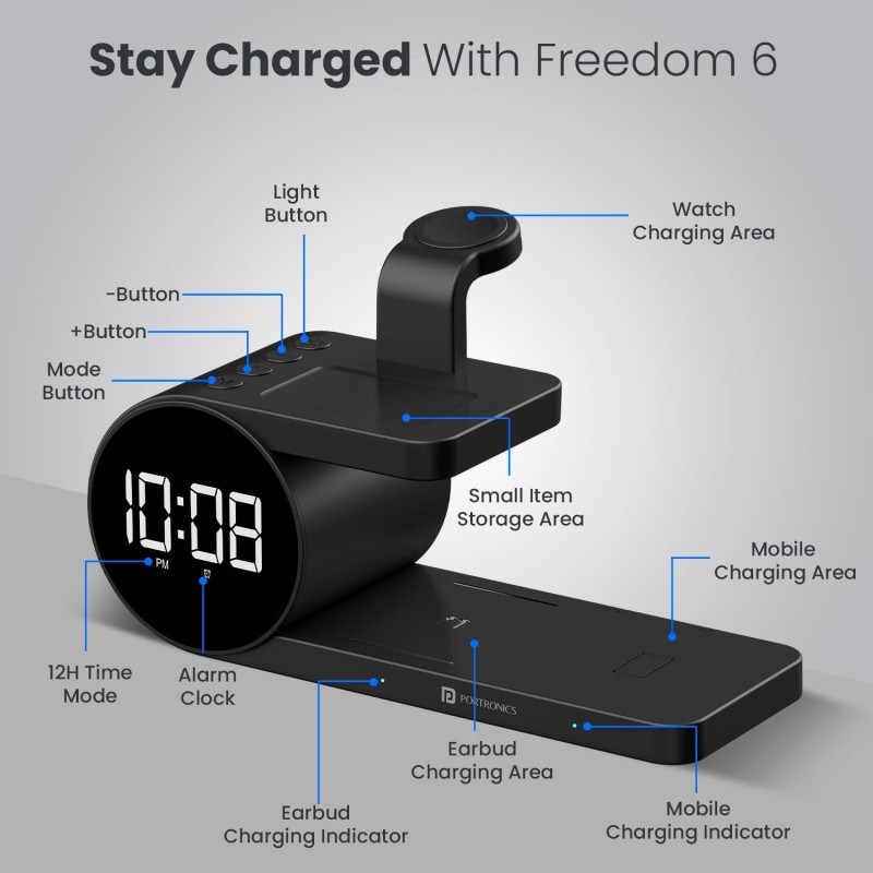 Portronics Freedom 6 15W Wireless Charger with 6-in-1 Function, Earbuds & Watch Wireless Charging, Digital Clock with Alarm