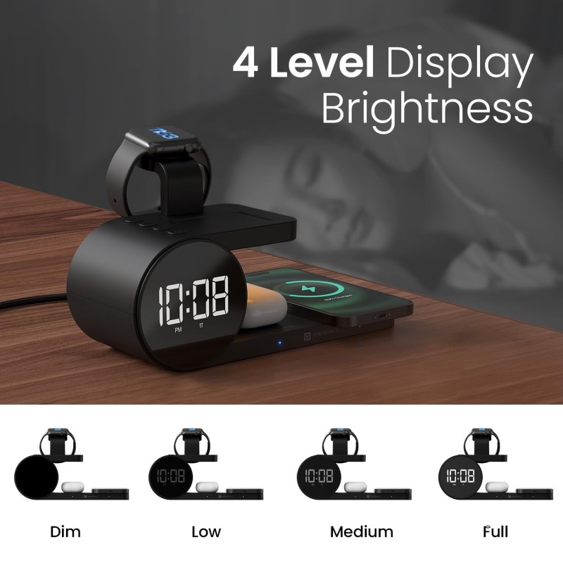 Portronics Freedom 6 15W Wireless Charger with 6-in-1 Function, Earbuds & Watch Wireless Charging, Digital Clock with Alarm