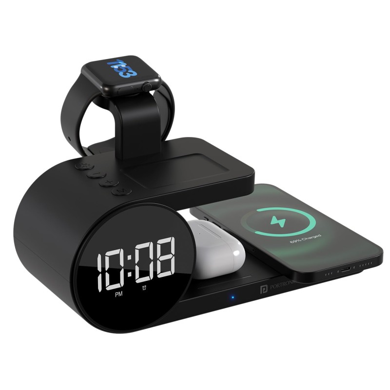 Portronics Freedom 6 15W Wireless Charger with 6-in-1 Function, Earbuds & Watch Wireless Charging, Digital Clock with Alarm