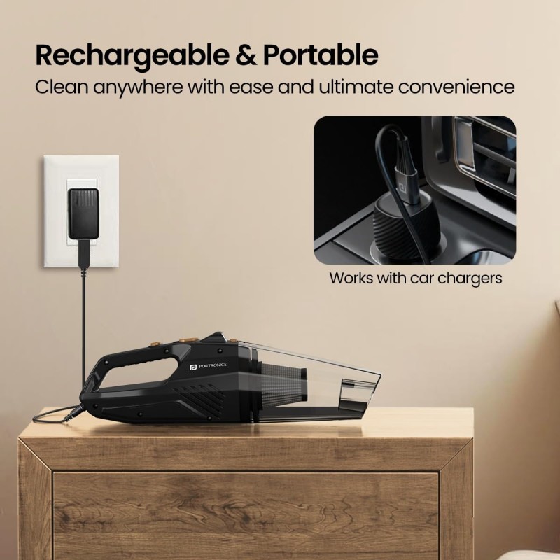 Portronics Mopcop Rechargeable Handheld Vacuum Cleaner for Home & Car, Washable HEPA Filter (Black)