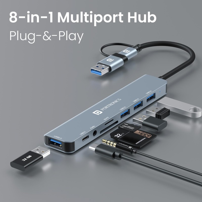Portronics Mport 8 Plus Dual Plug 8-in-1 Docking Station/Hub with AUX, USB 3.0, microSD/SD Card Reader (Grey)