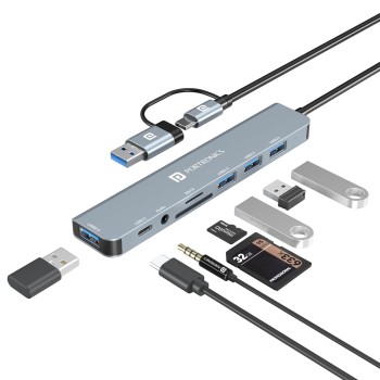 Portronics Mport 8 Plus Dual Plug 8-in-1 Docking Station/Hub with AUX, USB 3.0, microSD/SD Card Reader (Grey)