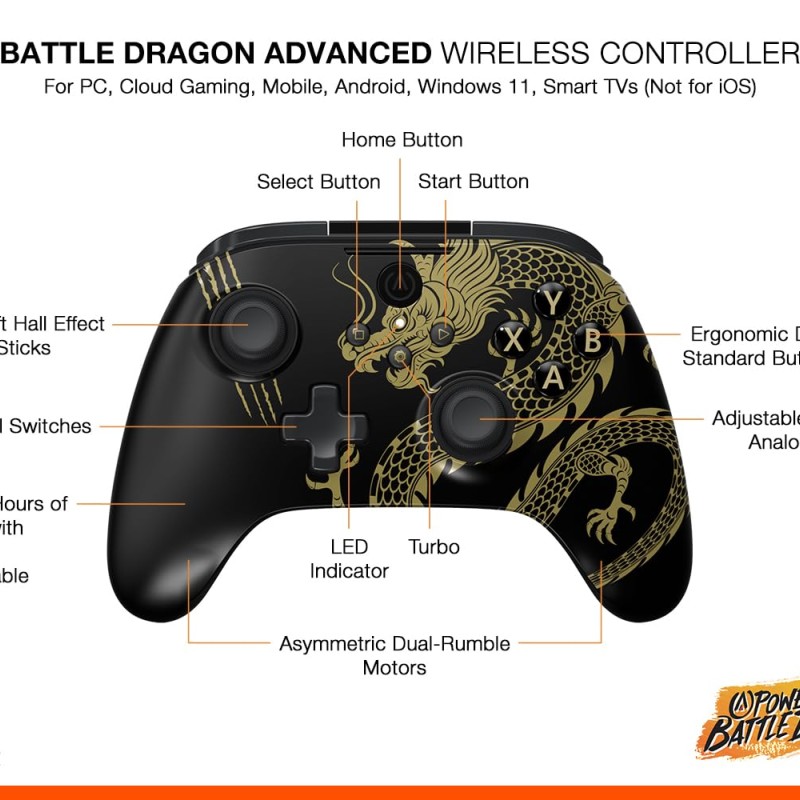 PowerA Battle Dragon™ Advanced Wireless Controller for PC & Cloud Gaming: Magnetic Hall Effect, Asymmetric Rumble Motors, 30h Playtime (Not for iOS)