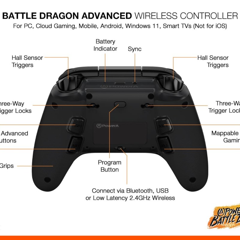 PowerA Battle Dragon™ Advanced Wireless Controller for PC & Cloud Gaming: Magnetic Hall Effect, Asymmetric Rumble Motors, 30h Playtime (Not for iOS)