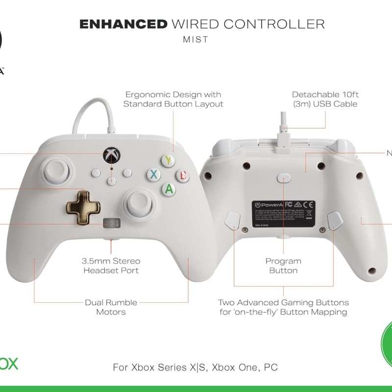 PowerA Enhanced Wired Gaming Controller for Xbox Series X/S, Xbox One, PC, Windows 10/11, White, Mist (Officially Licensed)