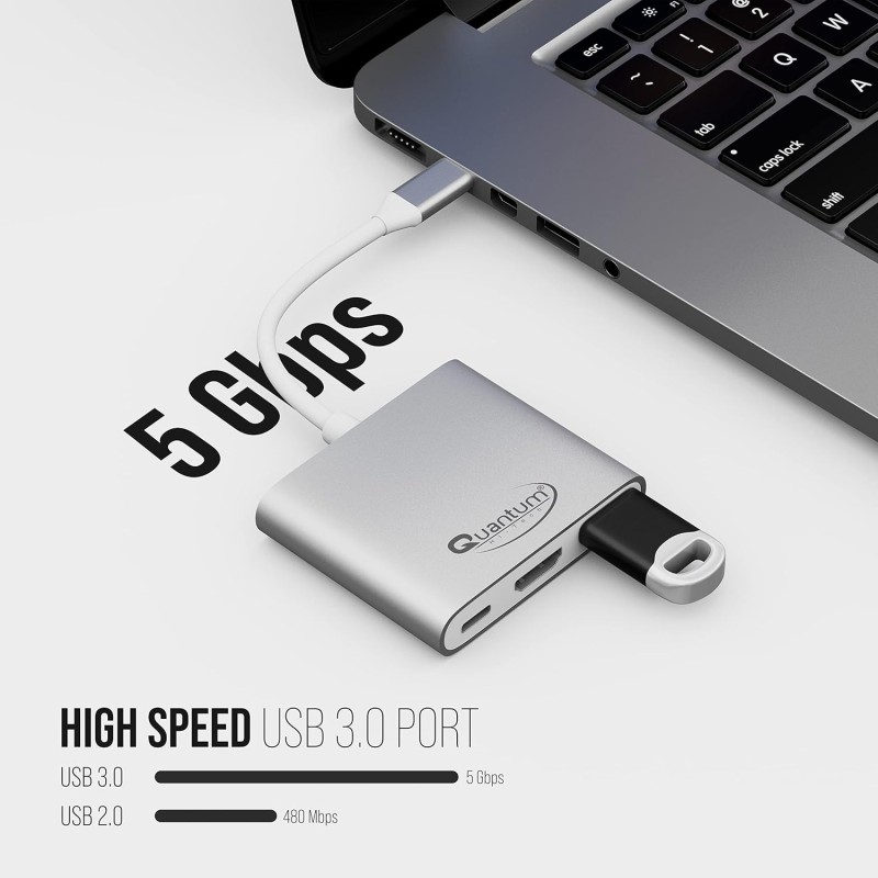Quantum 3-in-1 USB Type C to Hdmi 4K Adapter, USB 3.0, USB C, Aluminium USB C Hub, High Speed Qhm7622 (Silver)