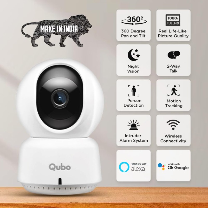 Qubo Smart 360° 2MP [1080p] Wi-Fi Security Camera | Indoor CCTV Cam for Home | AI Person Detection | Automatic Alarm | App Alerts | NightPulse Vision | SD & Cloud Storage | Made in India
