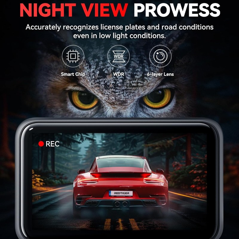 REDTIGER A4 4K+1080P Dual Dash Cam for Car, Clear Night View, 5.8GHz WiFi with App Control, GPS Tracking