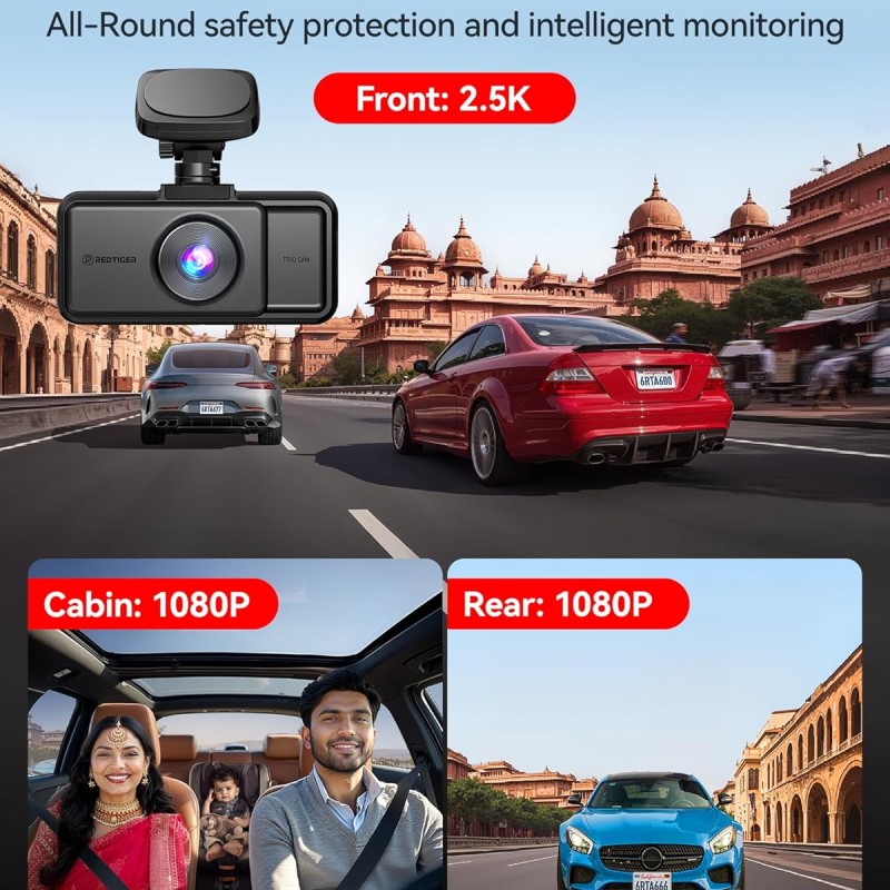 REDTIGER A6 3 Channel 2.5K Front + 1080P Rear and Interior Dash Cam with 64GB Card, Supports 4K + 1080P Dual Mode, 5G WiFi, GPS, 3" Touch Screen