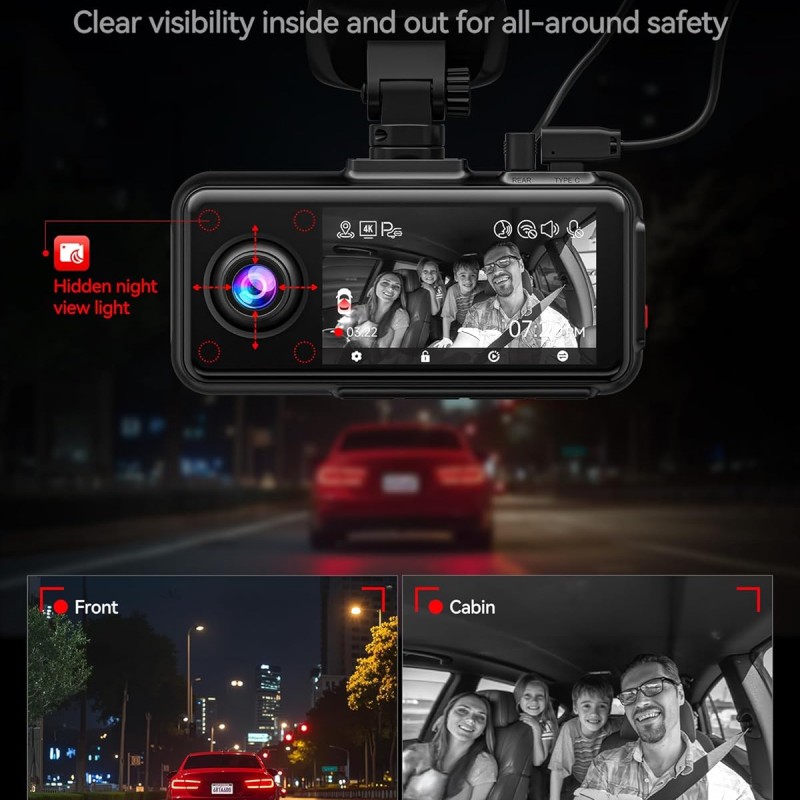 REDTIGER A6 3 Channel 2.5K Front + 1080P Rear and Interior Dash Cam with 64GB Card, Supports 4K + 1080P Dual Mode, 5G WiFi, GPS, 3" Touch Screen