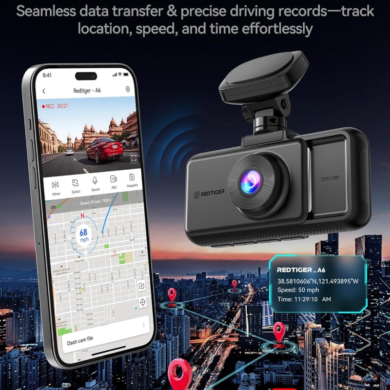 REDTIGER A6 3 Channel 2.5K Front + 1080P Rear and Interior Dash Cam with 64GB Card, Supports 4K + 1080P Dual Mode, 5G WiFi, GPS, 3" Touch Screen