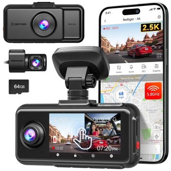 REDTIGER A6 3 Channel 2.5K Front + 1080P Rear and Interior Dash Cam with 64GB Card, Supports 4K + 1080P Dual Mode, 5G WiFi, GPS, 3" Touch Screen