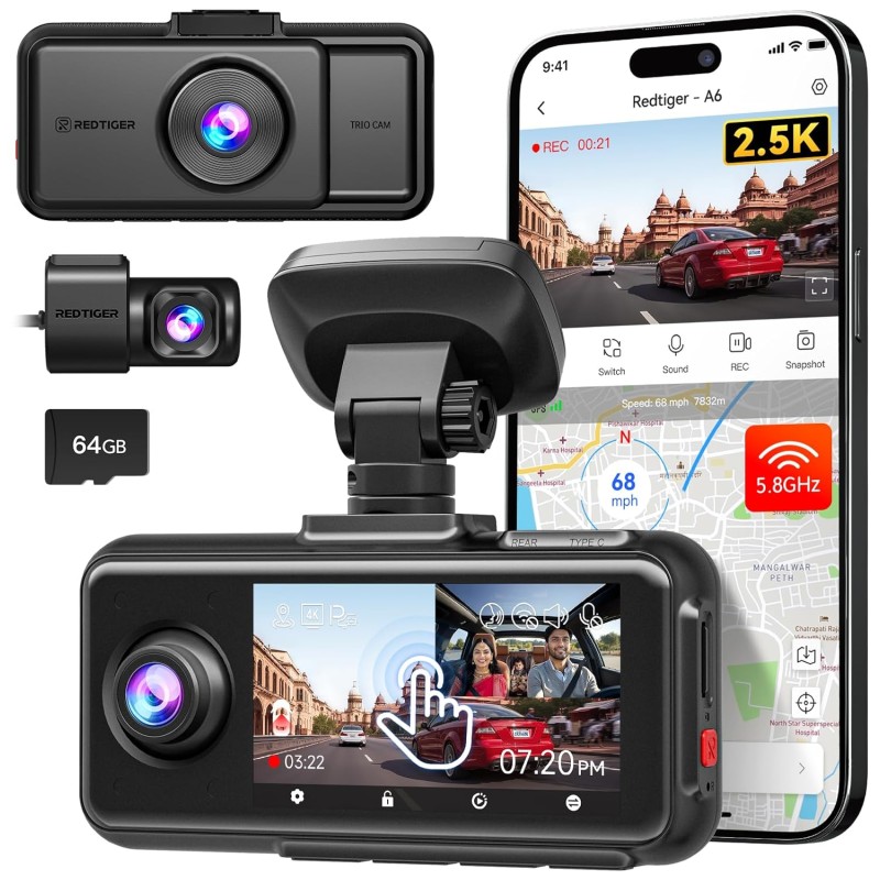 REDTIGER A6 3 Channel 2.5K Front + 1080P Rear and Interior Dash Cam with 64GB Card, Supports 4K + 1080P Dual Mode, 5G WiFi, GPS, 3" Touch Screen