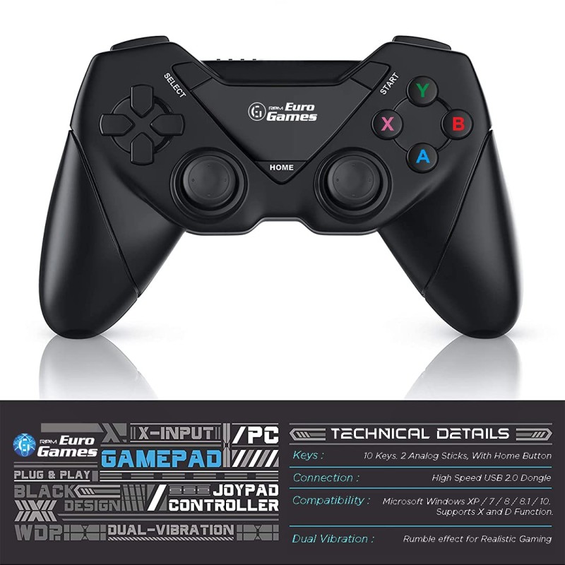 RPM Euro Games Laptop/PC Controller 2.4G Wireless Gamepad for Windows - 7, 8, 8.1,10, XP & PS3. Plug and Play with USB Dongle Connect(Upgraded with XYAB Buttons)