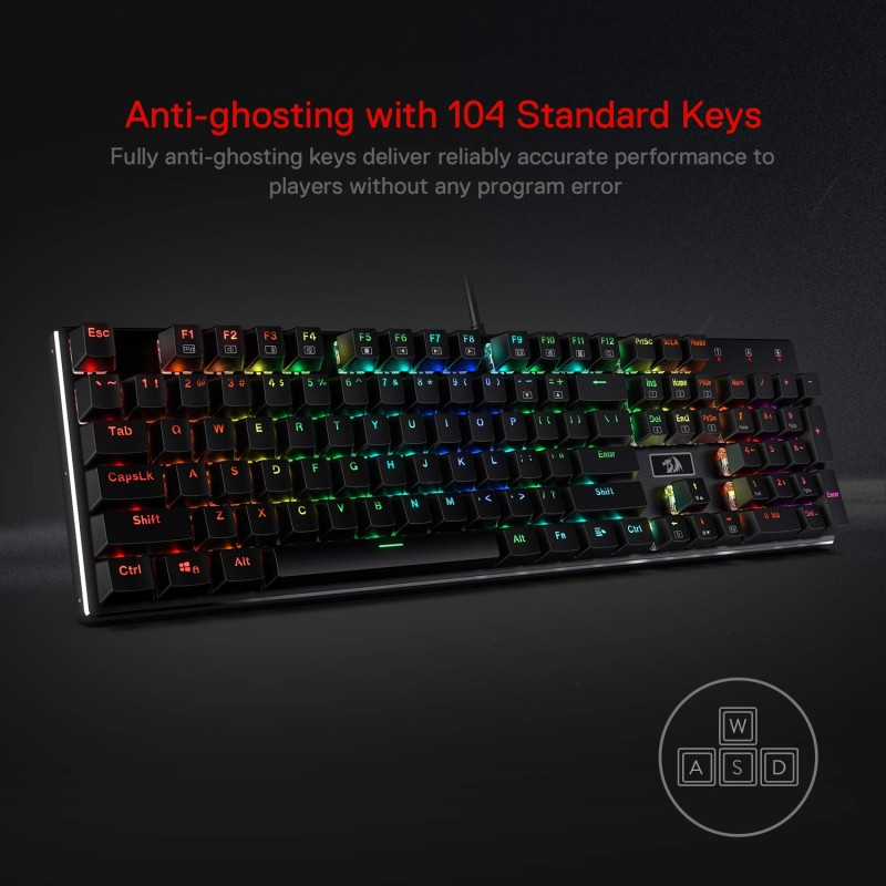 Redragon K556 RGB LED Backlit Wired Mechanical Gaming Keyboard, Aluminum Base, 104 Standard Keys