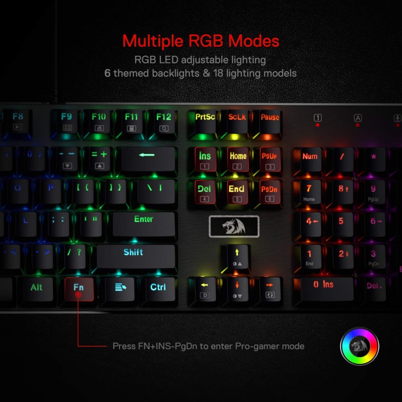 Redragon K556 RGB LED Backlit Wired Mechanical Gaming Keyboard, Aluminum Base, 104 Standard Keys