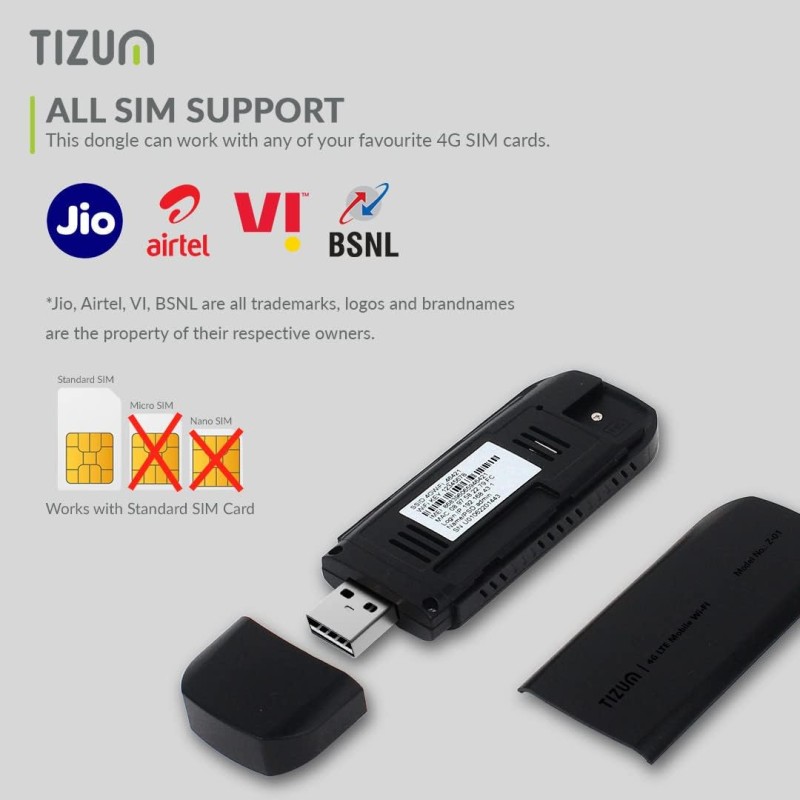 TizumZ-01-4G Fast LTE Wireless USB Single Band Dongle Stick Black