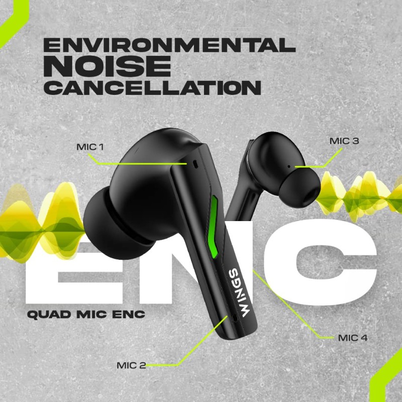 Wings Phantom 850 Low Latency Wireless Earbuds, Bluetooth Headphones with App Support, Split Cover Gaming Case with LED Lights, 50 Hours Playtime,Quad ENC Mic, Touch Controls TWS Headsets