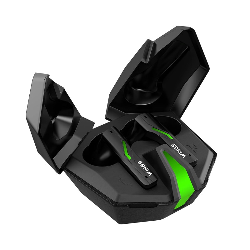 Wings Phantom 850 Low Latency Wireless Earbuds, Bluetooth Headphones with App Support, Split Cover Gaming Case with LED Lights, 50 Hours Playtime,Quad ENC Mic, Touch Controls TWS Headsets