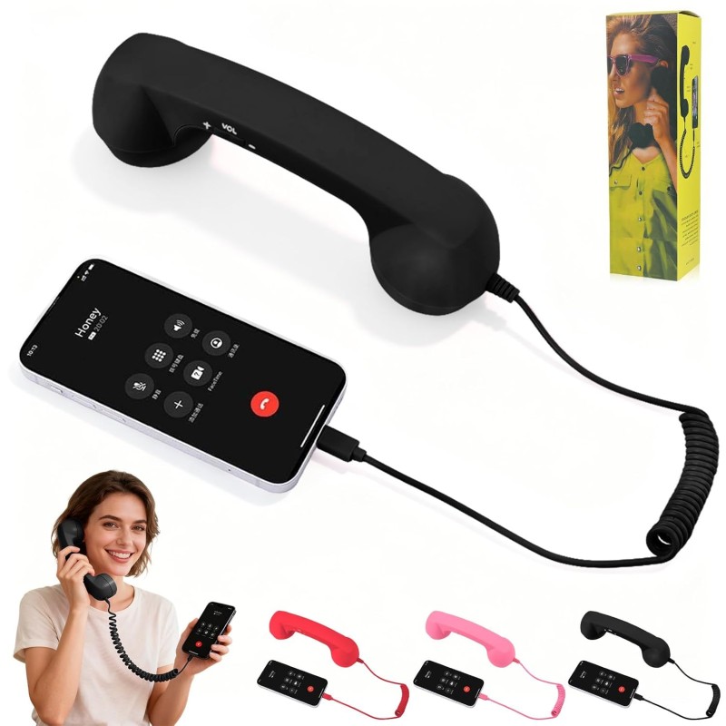 Retro Phone Handset, 2026 New Retro Style Type-C Phone Handset,Vintage Wired Plug in Handheld Cell Phone (Black)
