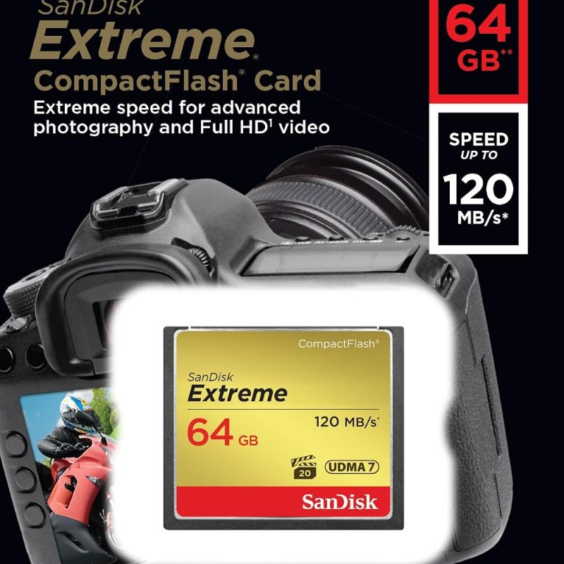 SANDISK 64GB Extreme CompactFlash Memory Card UDMA 7 Speed Up To 120MB/s - SDCFXSB-064G-G46
