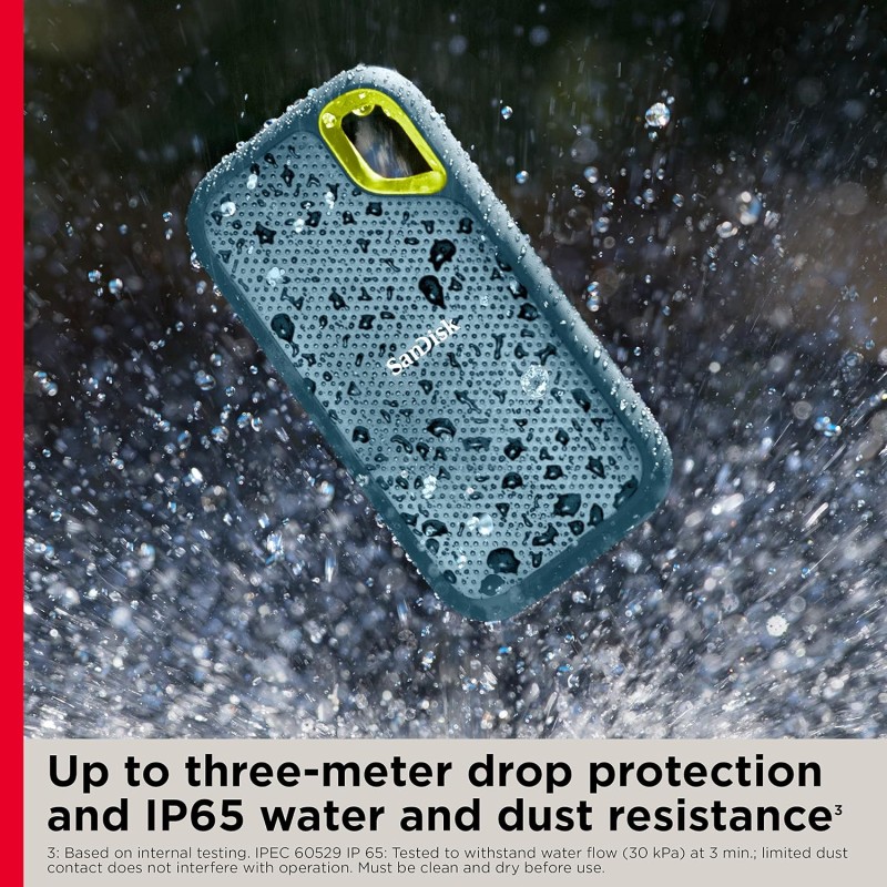 SANDISK Extreme 1TB Portable External SSD, 1050MB/s R, 1000MB/s W, 3m Drop Protection, IP65 Water/dust Resistant, PC,MAC & TypeC Smartphone Compatible