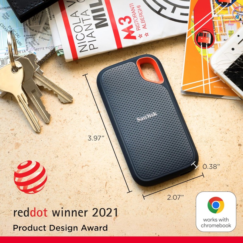 SANDISK Extreme 2TB Portable External SSD, 1050MB/s R, 1000MB/s W, 3m Drop Protection, IP65 Water/dust Resistant Black Color
