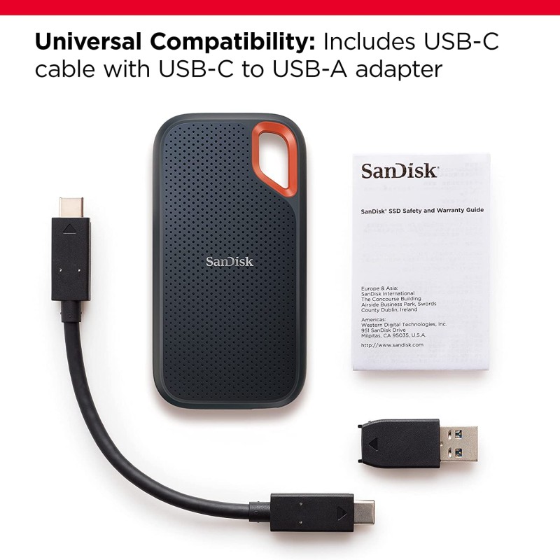 SANDISK Extreme 2TB Portable External SSD, 1050MB/s R, 1000MB/s W, 3m Drop Protection, IP65 Water/dust Resistant Black Color