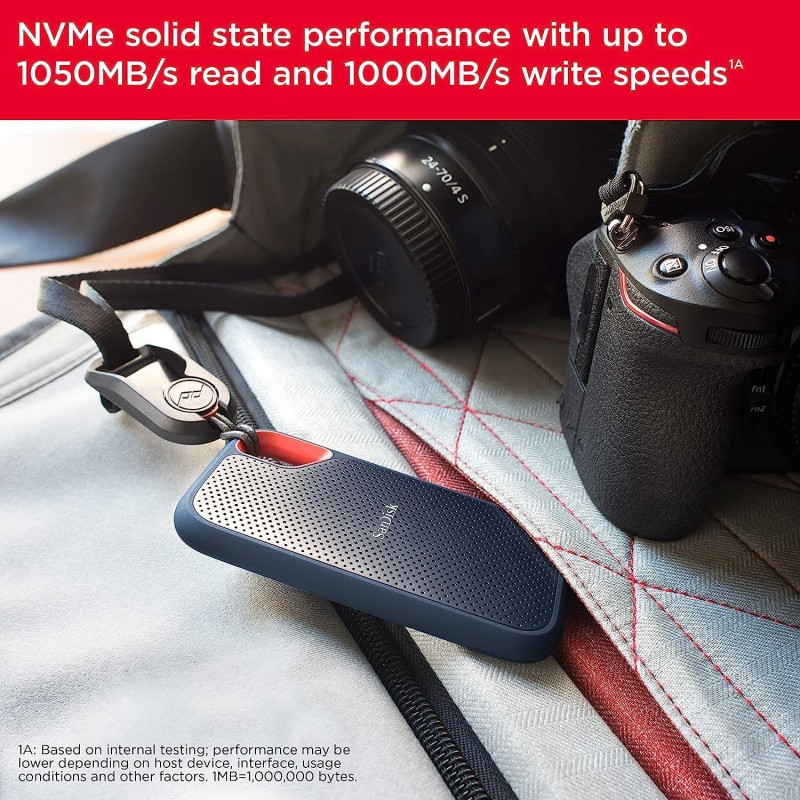 SANDISK Extreme 2TB Portable External SSD, 1050MB/s R, 1000MB/s W, 3m Drop Protection, IP65 Water/dust Resistant Black Color