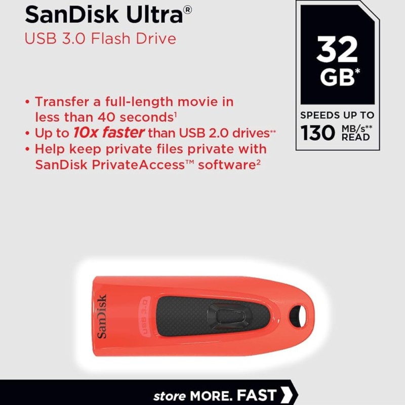 SANDISK Ultra 32GB, USB 3.0, Flash Drive, Upto 130MB/s R, Pendrive, Red (SDCZ48-032G-U46R)