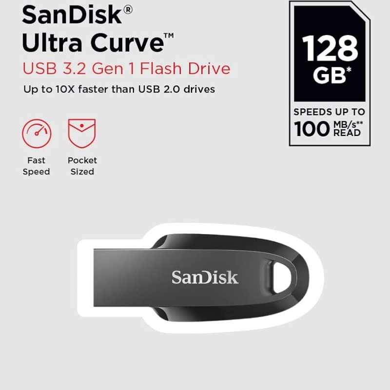 SANDISK Ultra Curve 128GB, USB 3.2, Flash Drive, 100MB/s R, Pendrive, Black (SDCZ550-128G-I35)