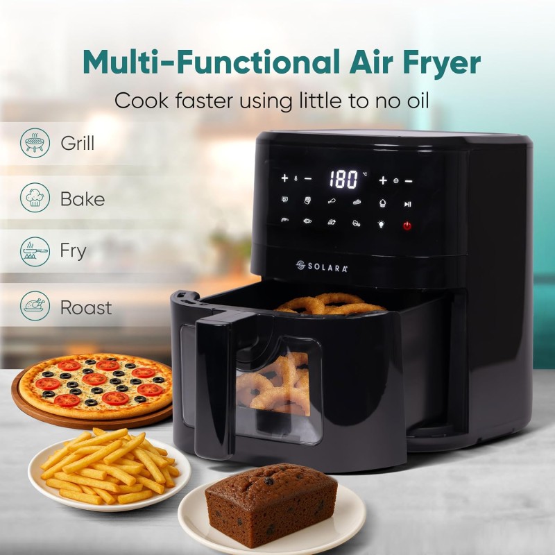 SOLARA Air Fryer For Home 4.5L with See Through Window, 10 Preset menus, 360° High Speed Air Circulation for Fry Black