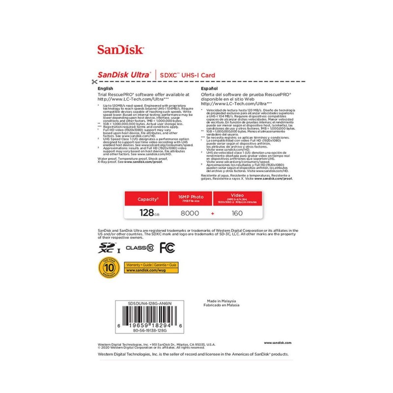SanDisk 128GB Ultra UHS-I Class 10 U1 SDXC Memory Card, 120MB/s Read Ultra SD Card