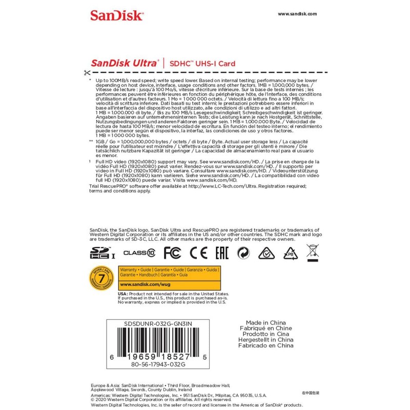 SanDisk 32Gb Ultra 100Mbs Sdhc Memory Card